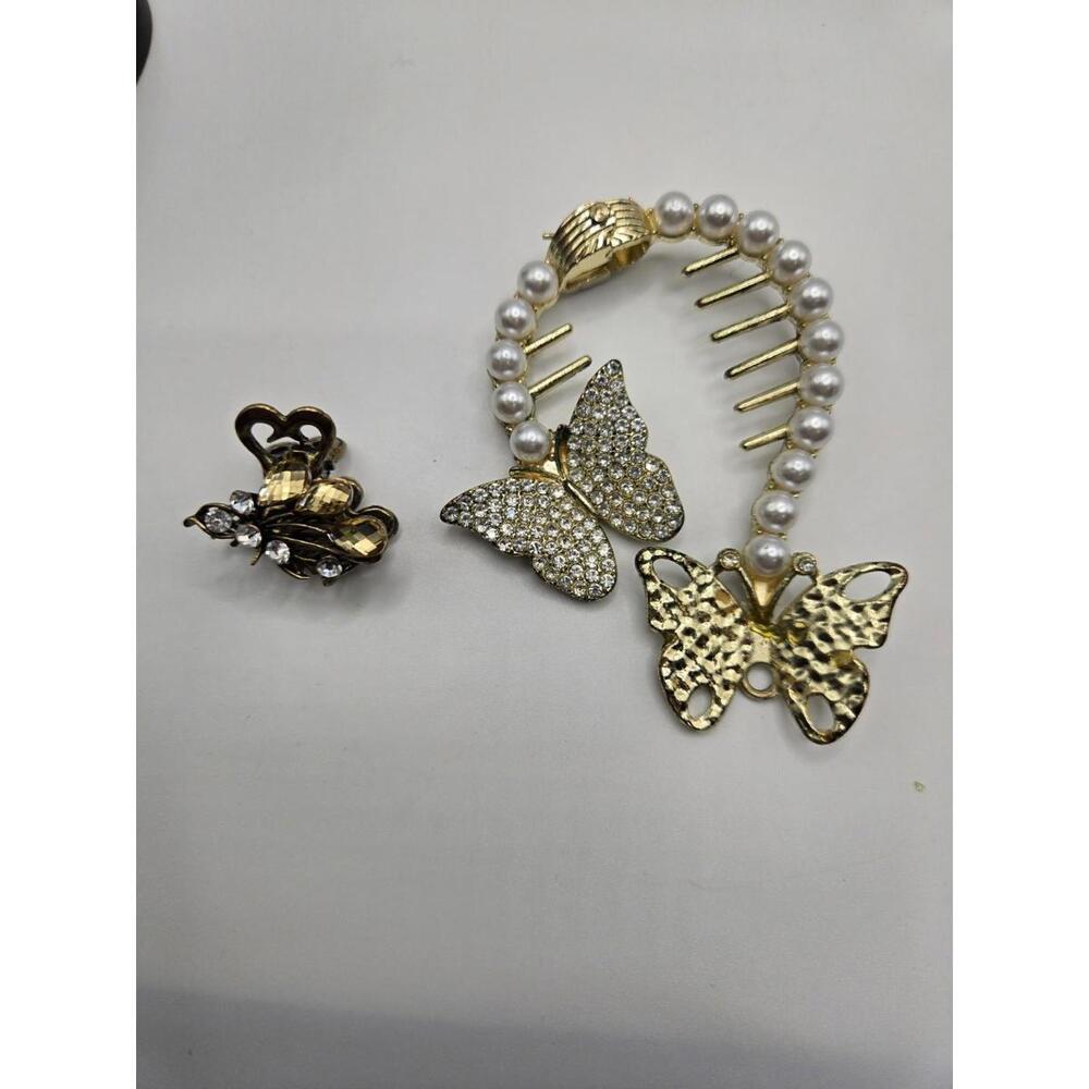 Elegant Gold Butterfly Pearl Hair Clip High Ponytail Bun Accessory And Mini Clip